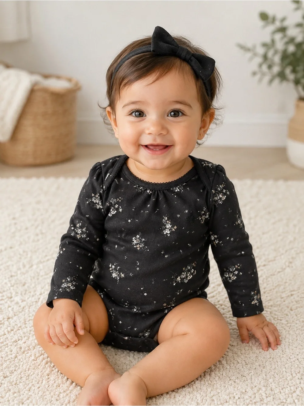 GAP Baby Floral Long-Sleeve Bodysuit with Bear Detail Size 12-18 months
